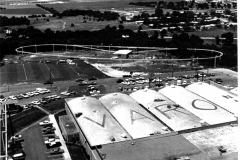 A monorail demonstration track once stood north of the Varo, Inc., building 1970