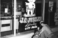 Window art advertising J.C. Jubilee at Skillern's Drug Store, Garland Shopping Center