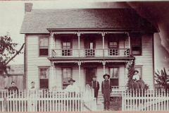 A. V. Morrison homeplace. A.V., Sr (on horseback), George W., Newton P., Jasper, Nanny, Matilda T. Caldwell