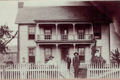 A. V. Morrison homeplace. A.V., Sr (on horseback), George W., Newton P., Jasper, Nanny, Matilda T. Caldwell