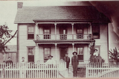A. V. Morrison homeplace. A.V., Sr (on horseback), George W., Newton P., Jasper, Nanny, Matilda T. Caldwell