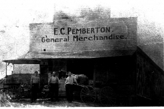 3 men, horse and buggy in front of E.C.Pemberton General Merchandise