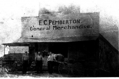 3 men, horse and buggy in front of E.C.Pemberton General Merchandise