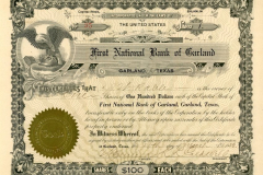 5 First National Bank of Garland Stock Certificates and Letter ca. 1920s