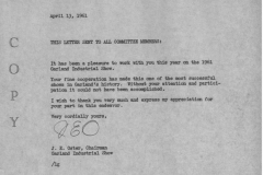 J.E. Oster - Letter to committee members after the April 1961 Industrial Show