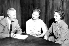 Three persons vitally interested in the fund raising campaign for the Memorial Hospital of Garland chick final plans for the "Mothers' March of Mercy" drive Monday evening.  Left to right, they are Robert McCullough, Mrs. Jacob (Alice) Mosser, residental chairman and Mrs. J. Walter Nicholson, president of the women's auxiliary of the proposed hospital.