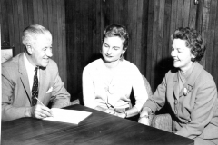 Three persons vitally interested in the fund raising campaign for the Memorial Hospital of Garland chick final plans for the "Mothers' March of Mercy" drive Monday evening.  Left to right, they are Robert McCullough, Mrs. Jacob (Alice) Mosser, residental chairman and Mrs. J. Walter Nicholson, president of the women's auxiliary of the proposed hospital.