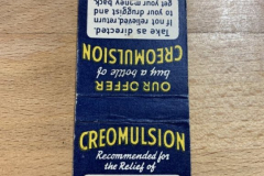 Blue and gold Creomulsion matchbook. Creomulsion could be used to relieve coughs and bronchial irritations due to cold.