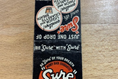 Sure breath freshener matchbook produced by Sure Laboratories 841 N. Wabash Avenue in Chicago.