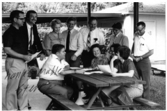 Mable Wheeler, seated, right side picnic table, at a Republican gathering in Garland 1970's