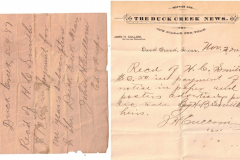 Duck Creek News receipt for subscription May 4, 1887 and advertisement Nov. 2, 1887