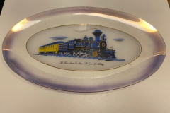 Commemorative glass plate with image of the first Santa Fe train, the Cyrus K. Holliday