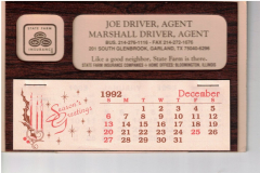 1992 Promotional calendar State Farm Insurance - Joe Driver and Marshall Driver, agents.