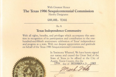 Texas Independence Community Designation Certificate from Texas Sesquicentenial Commission