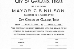 City certificate (unsigned) to have been presented to Mayor C.S. Nilson in 1960.