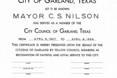 City certificate (unsigned) to have been presented to Mayor C.S. Nilson in 1960.