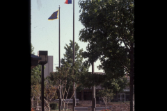 East side of square showing flag poles.