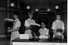Candy Stripers, including Judy Drum and Janet Anothony, at the information desk at Memorial Hospital of Garland in June 1967.