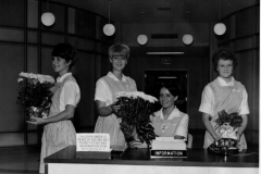 Candy Stripers, including Judy Drum and Janet Anothony, at the information desk at Memorial Hospital of Garland in June 1967.