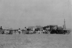 Chumley Farm.  Rumely Oil Pull Tractor towing two horse-drawn grain binders to harvest grain.